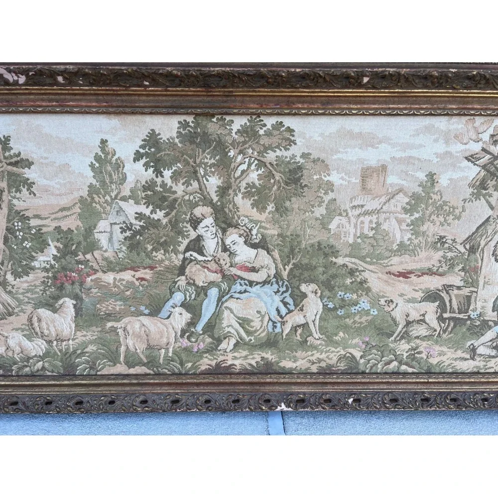 Tapestry Wall Art Large 58x23 Gold Frame Pastoral Scene Ornate Vintage